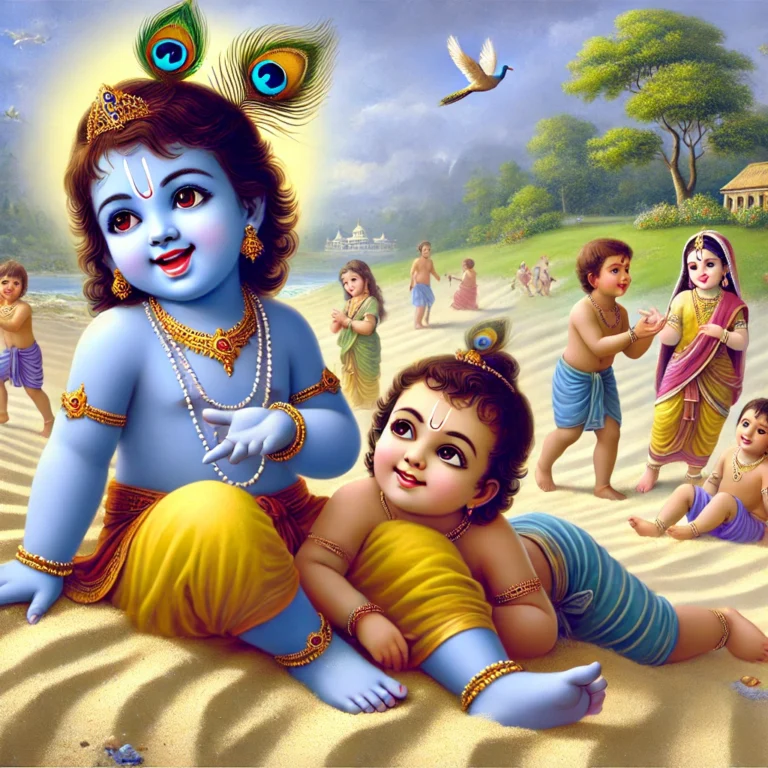 A depiction of young Lord Krishna playing in the soft sands of Raman Reti with his friends and his brother Balarama. Krishna is portrayed as a joyful